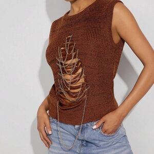 Brown Chain-Embellished Sleeveless Top Size XL